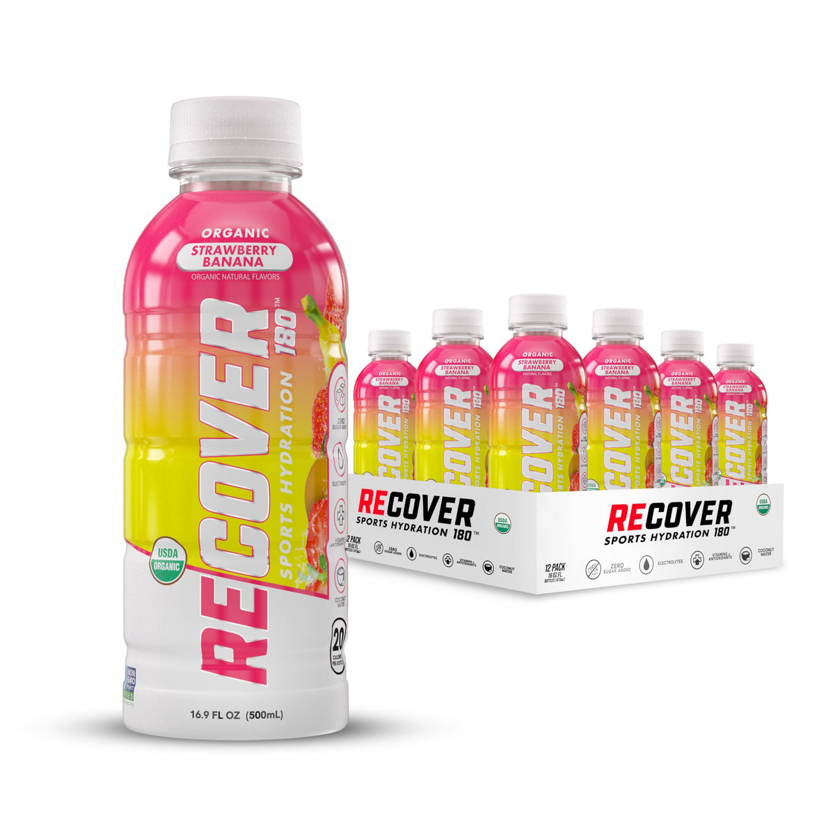 RECOVER 180 Organic Sports Hydration Drink – No Sugar, 20 Cal, Strawberry Banana (12-Pack)