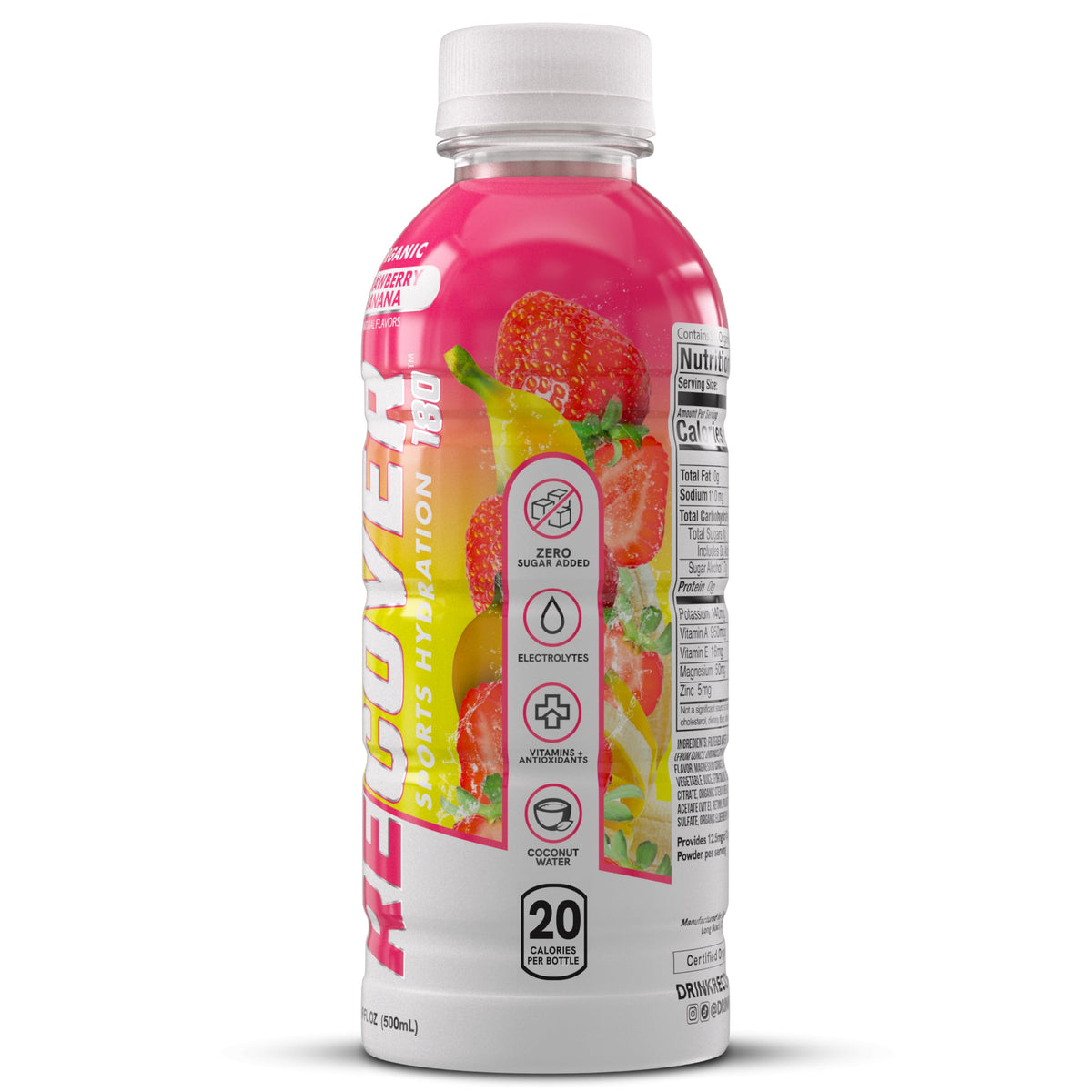 RECOVER 180 Organic Sports Hydration Drink – No Sugar, 20 Cal, Strawberry Banana (12-Pack)