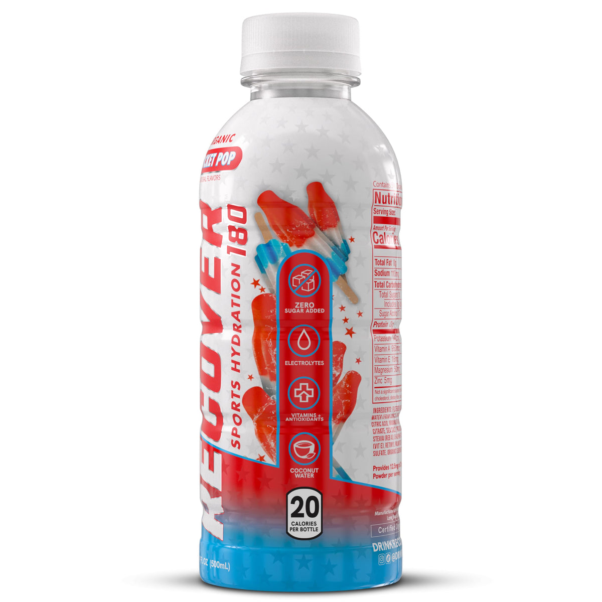 RECOVER 180 Organic Sports Hydration Drink – No Sugar Added, 20 Cal, 16.9 fl oz Pack of 12, Rocket Pop