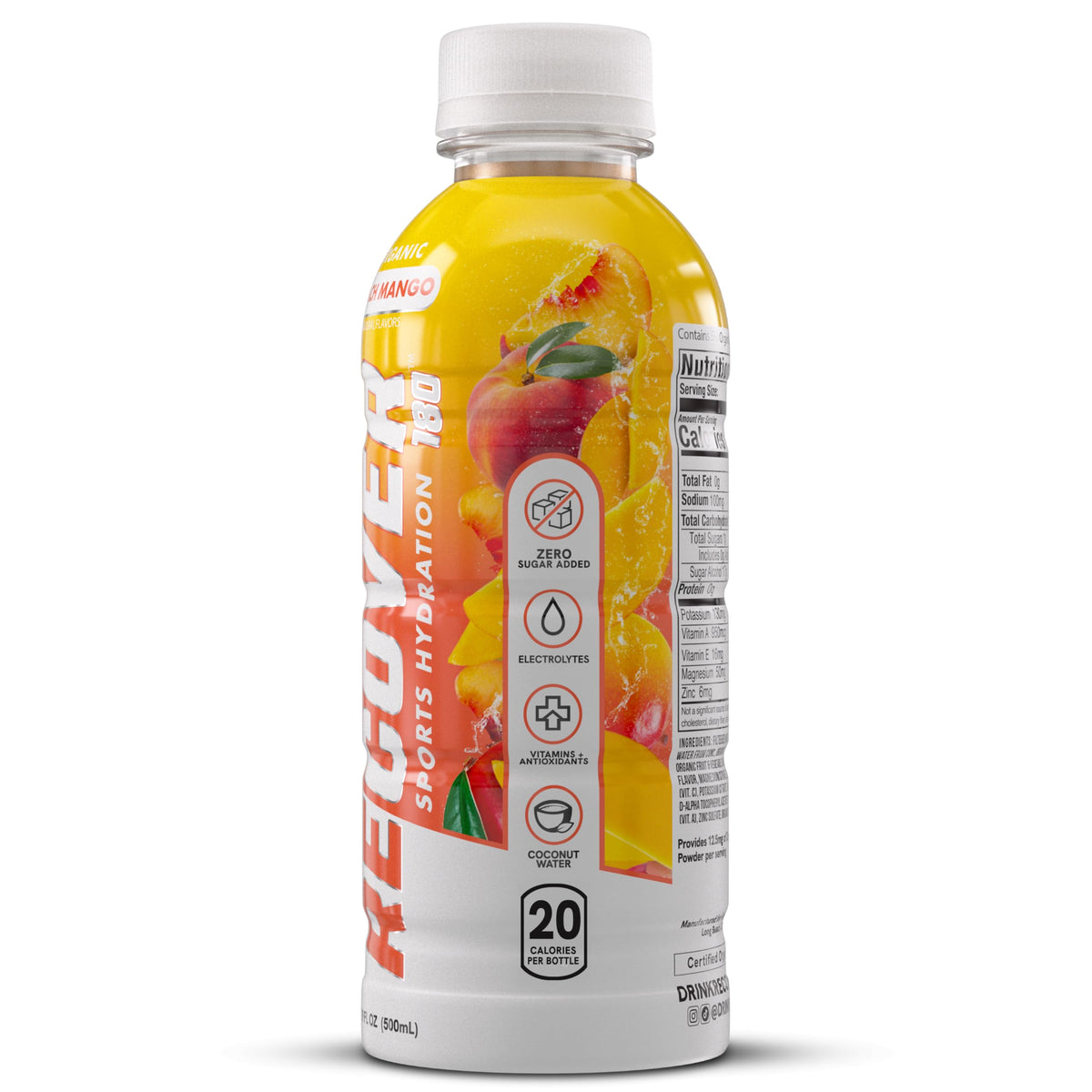 RECOVER 180 Organic Sports Hydration Drink – No Sugar Added, 20 Cal, Peach Mango (Pack of 12)