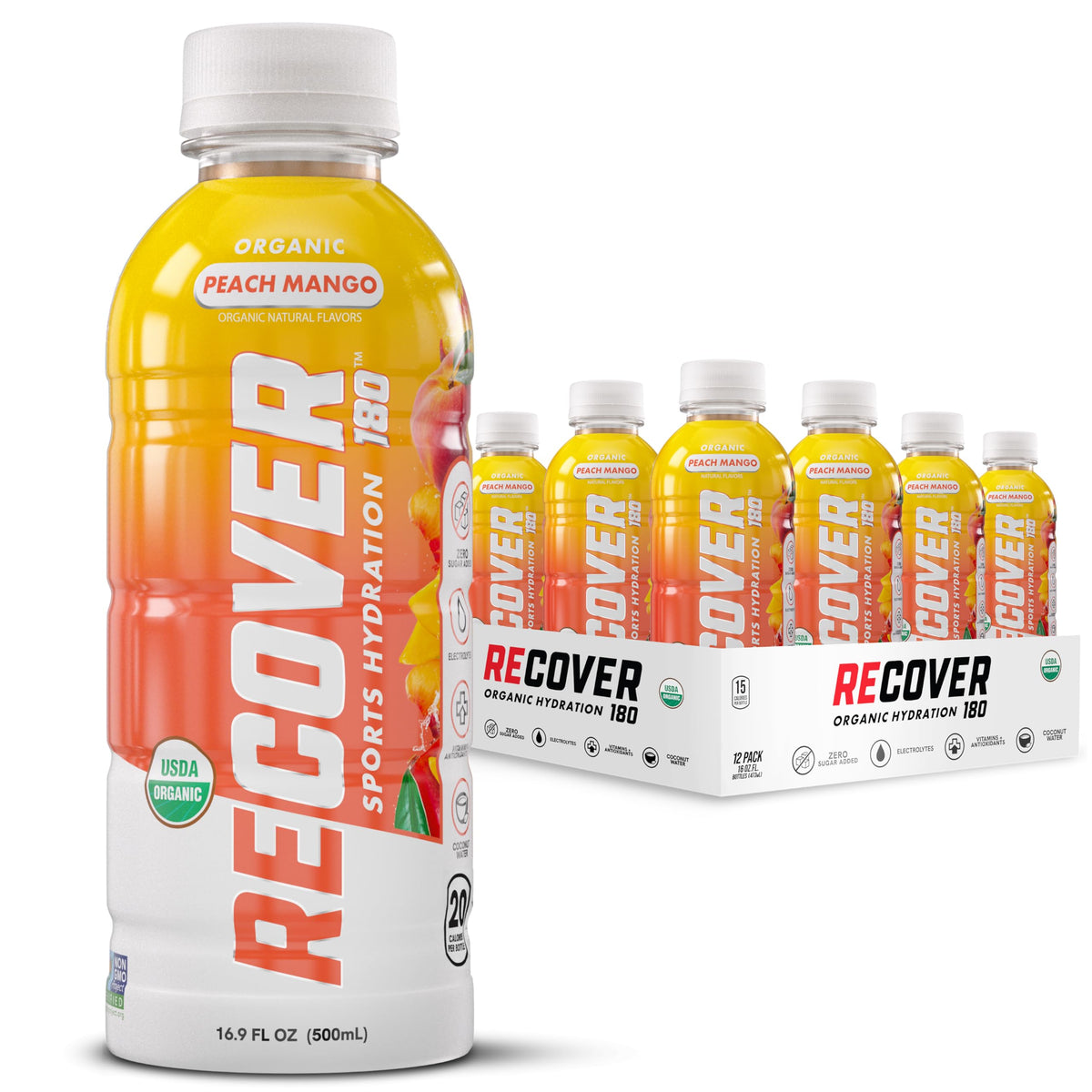 RECOVER 180 Organic Sports Hydration Drink – No Sugar Added, 20 Cal, Peach Mango (Pack of 12)