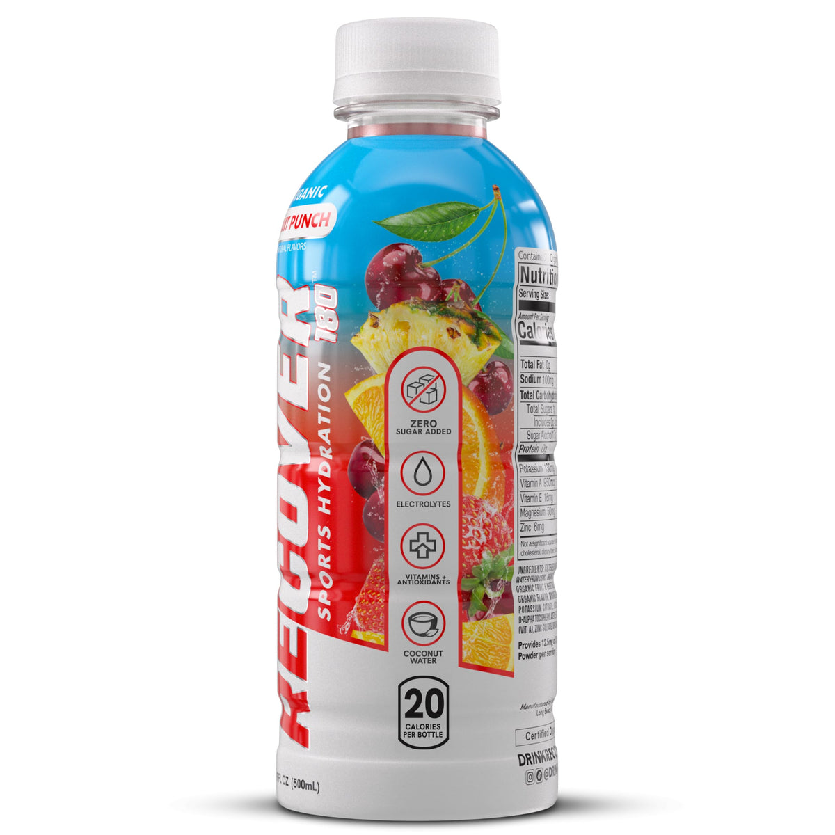 RECOVER 180 Organic Sports Hydration Drink – No Sugar Added, 20 Calories, Potassium Electrolytes, Fruit Punch (Pack of 12)