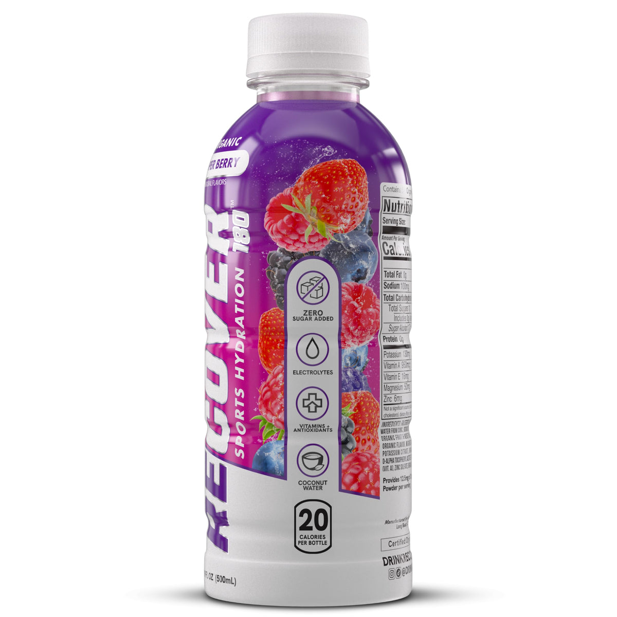 RECOVER 180 Organic Sports Hydration Drink – No Sugar Added, 20 Calories, Potassium Electrolytes, Super Berry (16.9 oz Pack of 12)