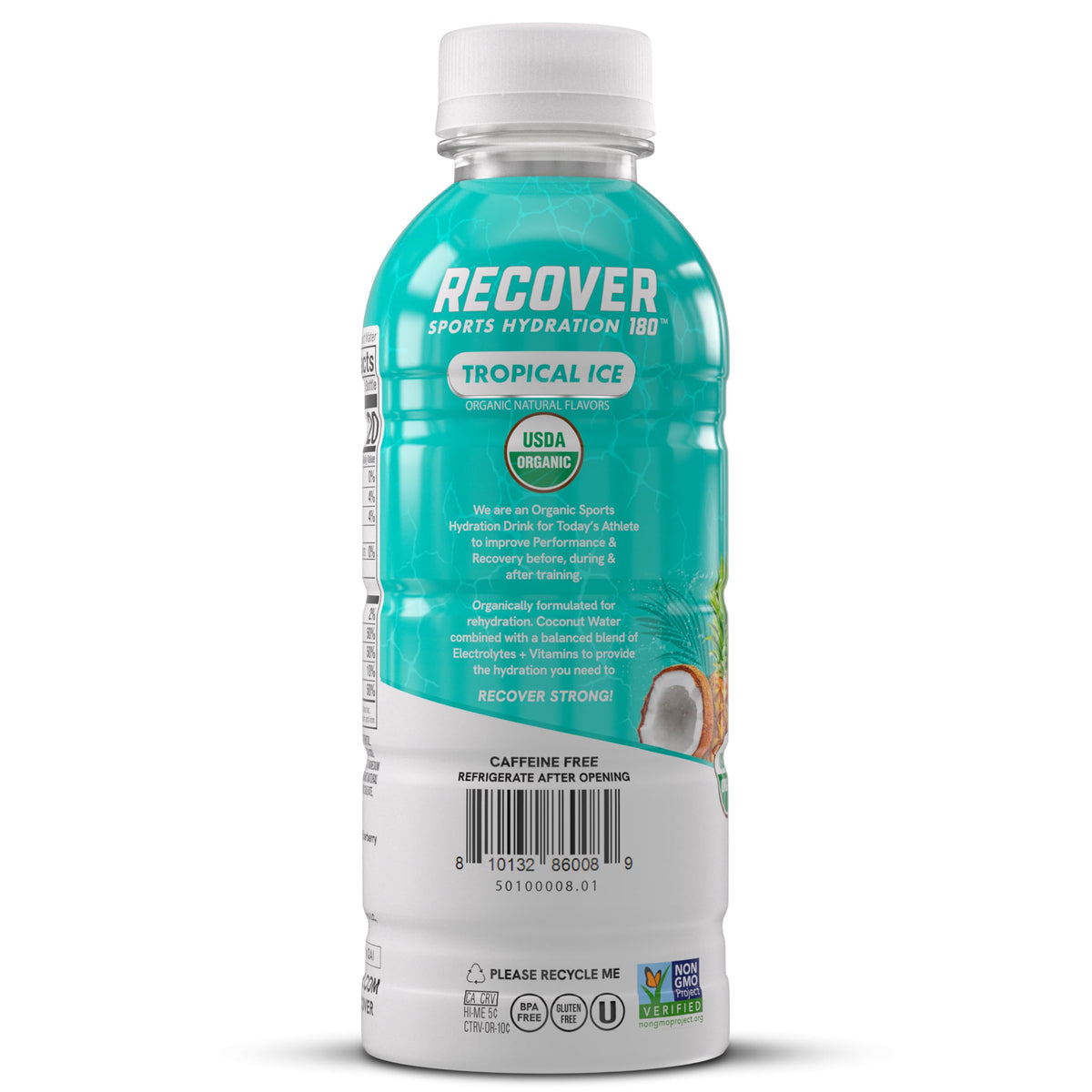 RECOVER 180 Organic Sports Hydration Drink - No Sugar Added, 20 Cal, Potassium Electrolytes, Tropical Ice (Pack of 12)