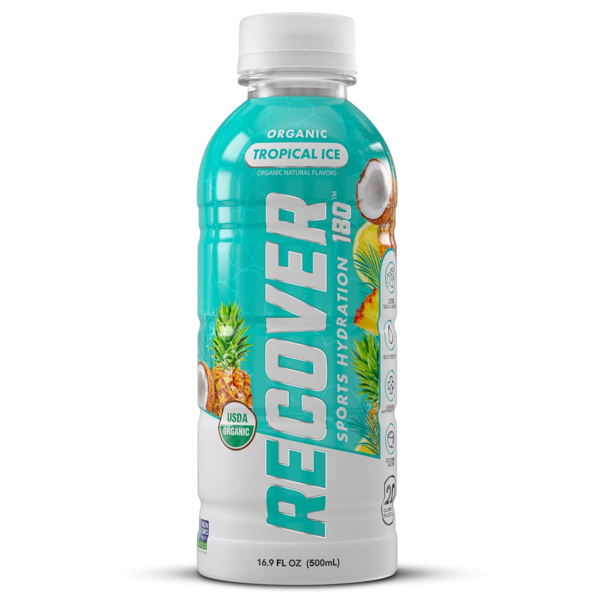 RECOVER 180 Organic Sports Hydration Drink - No Sugar Added, 20 Cal, Potassium Electrolytes, Tropical Ice (Pack of 12)