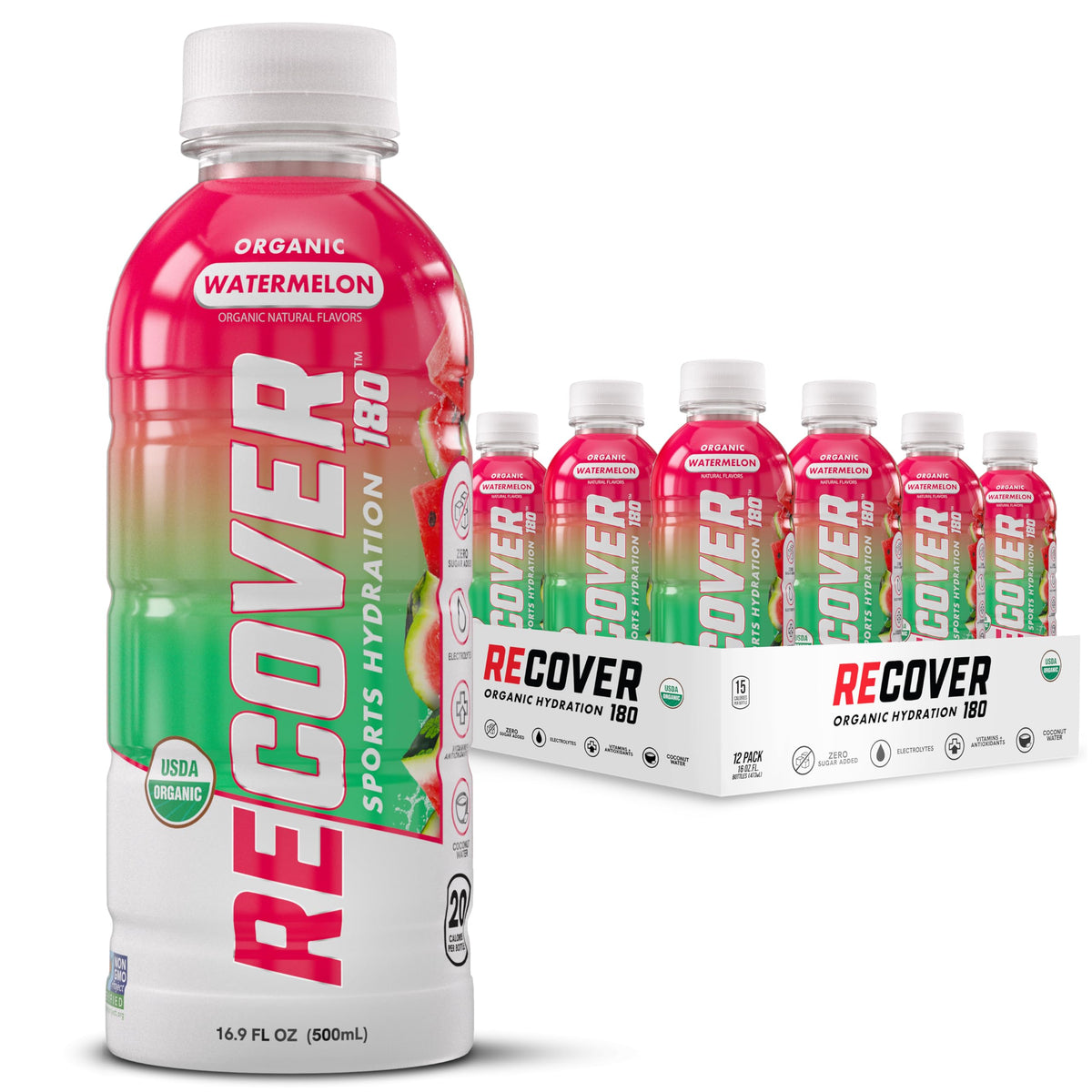 RECOVER 180 Organic Sports Hydration – Watermelon, No Sugar Added, 20 Calories (16.9 oz, 12-Pack)