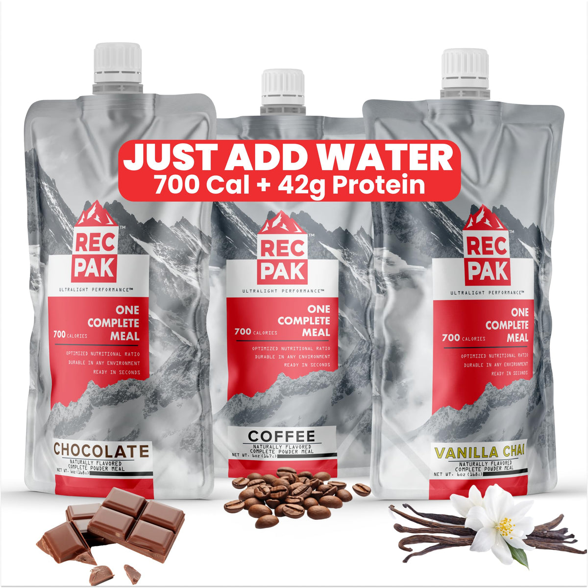 RecPak | 700 Calorie, 43g Protein – No-Cook Liquid Meal for Backcountry Athletes | 3-Pack Variety