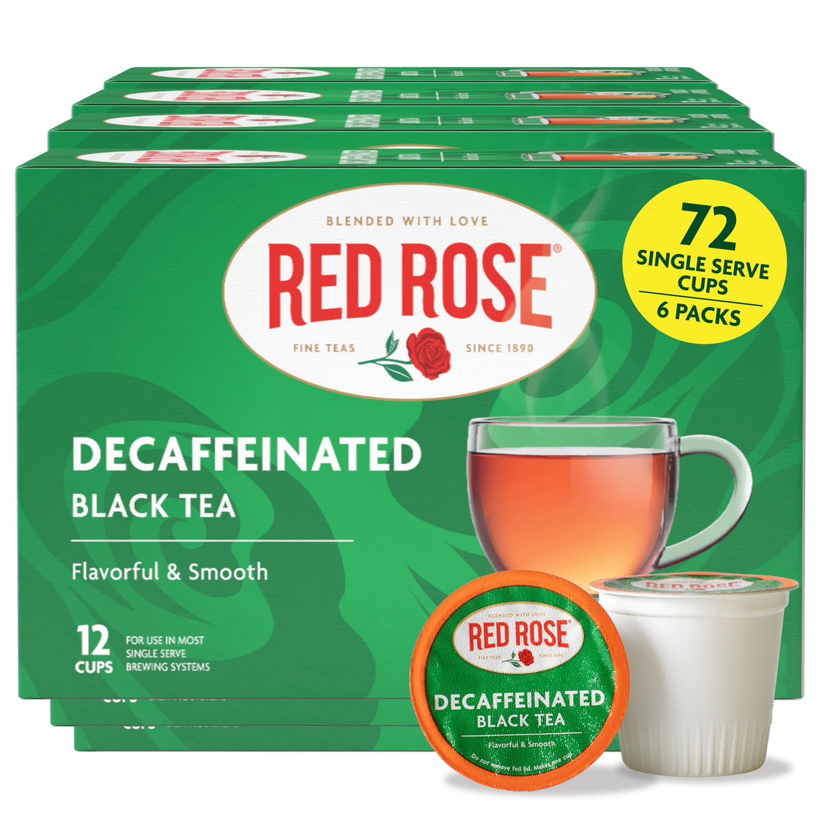 Red Rose Decaf Black Tea K-Cups – 72 Single-Serve Pods for Keurig