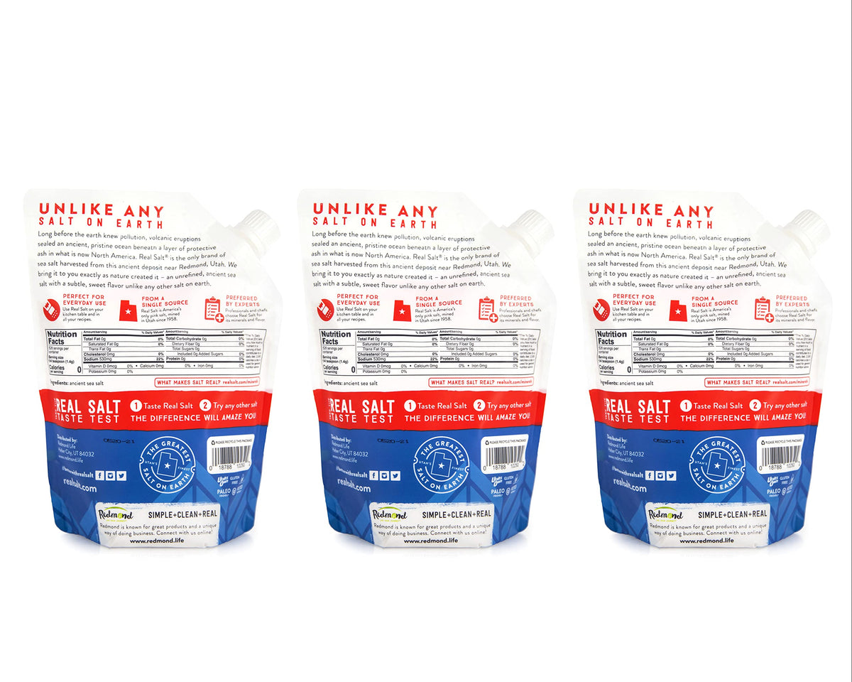 Redmond Real Salt Ancient Fine Sea Salt – Unrefined Mineral Salt, 3×16 oz Pouches