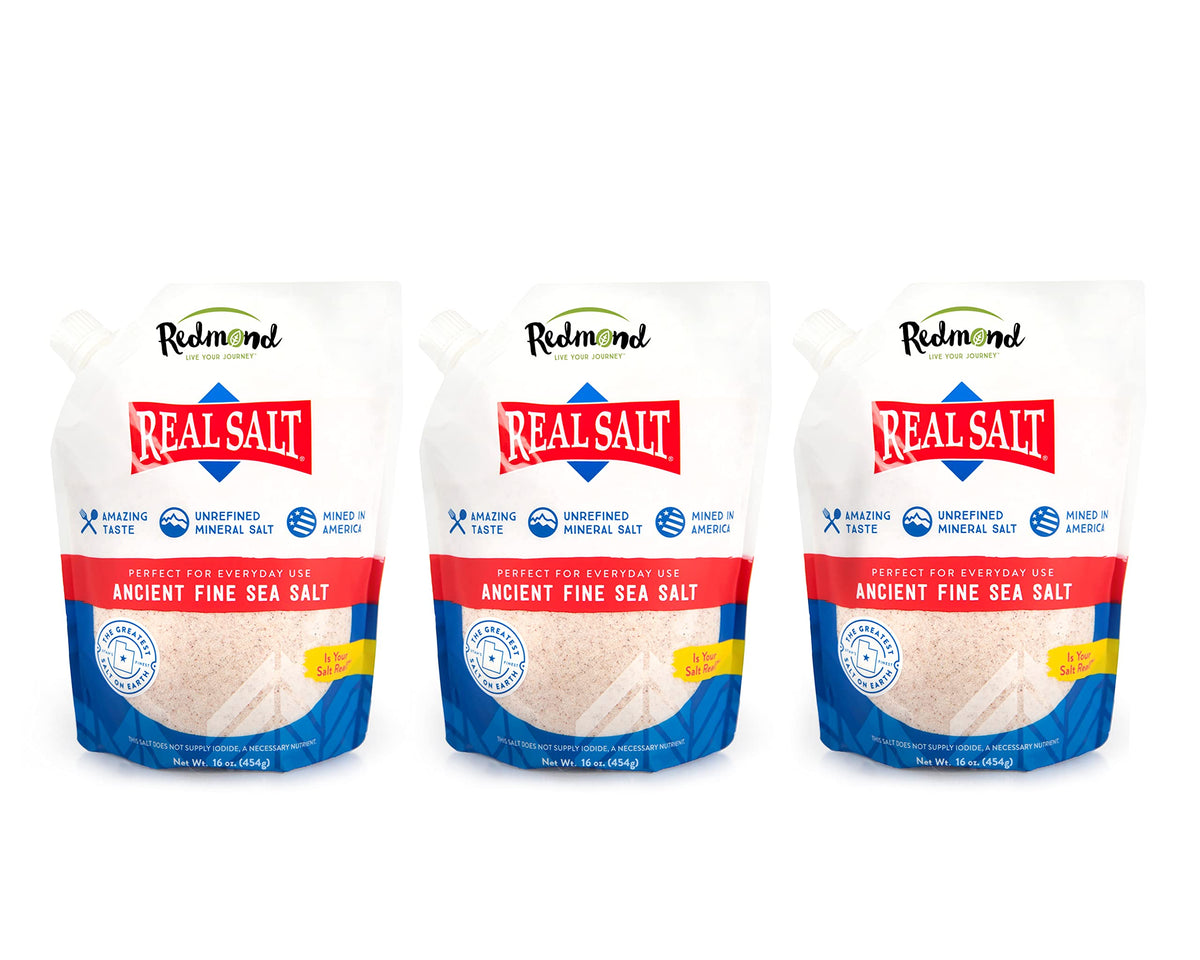 Redmond Real Salt Ancient Fine Sea Salt – Unrefined Mineral Salt, 3×16 oz Pouches