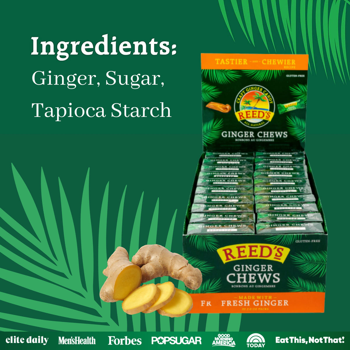 Reed's All Natural Ginger Chews – Vegan, Gluten-Free Ginger Candy (2oz Box, Pack of 20)