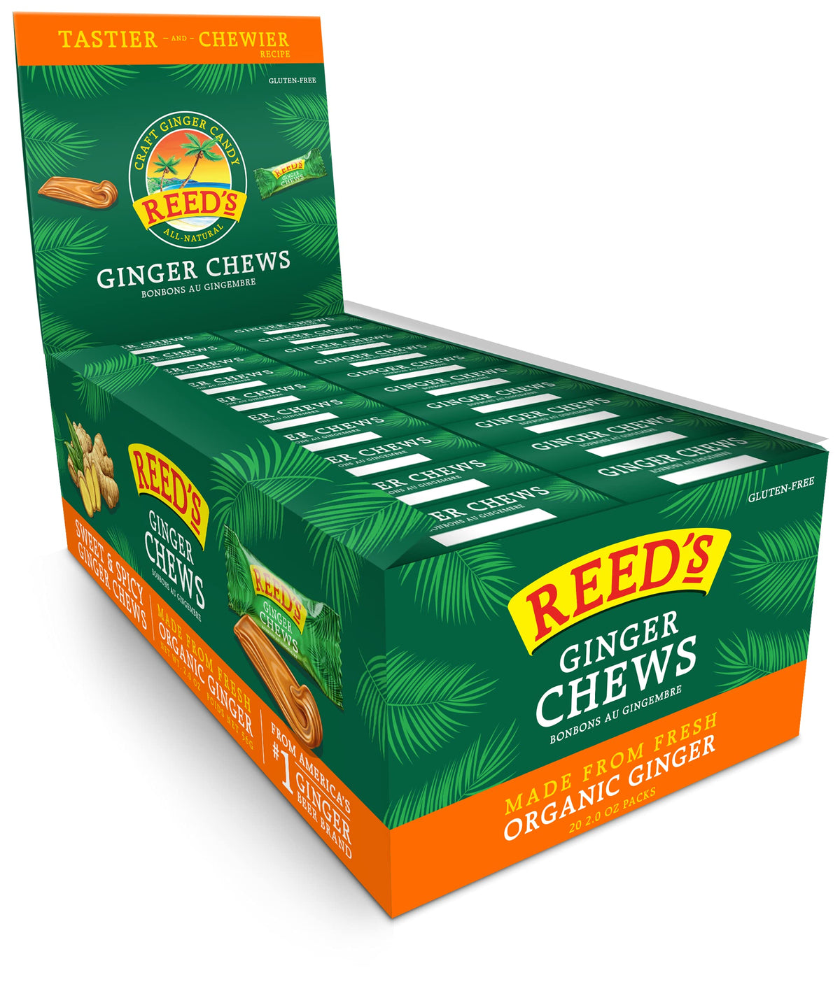 Reed's All Natural Ginger Chews – Vegan, Gluten-Free Ginger Candy (2oz Box, Pack of 20)