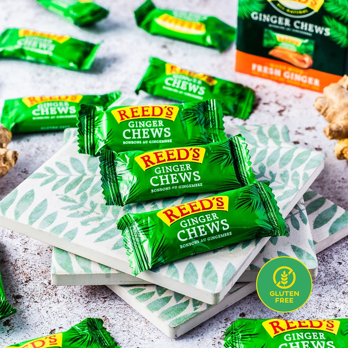 Reed's All Natural Ginger Chews – Vegan, Gluten-Free Ginger Candy (2oz Box, Pack of 20)