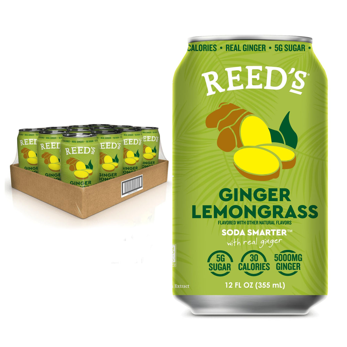 Reed's Ginger Lemongrass Functional Soda — Organic Ginger, Adaptogens & Prebiotics | 12oz Cans (12-Pack)