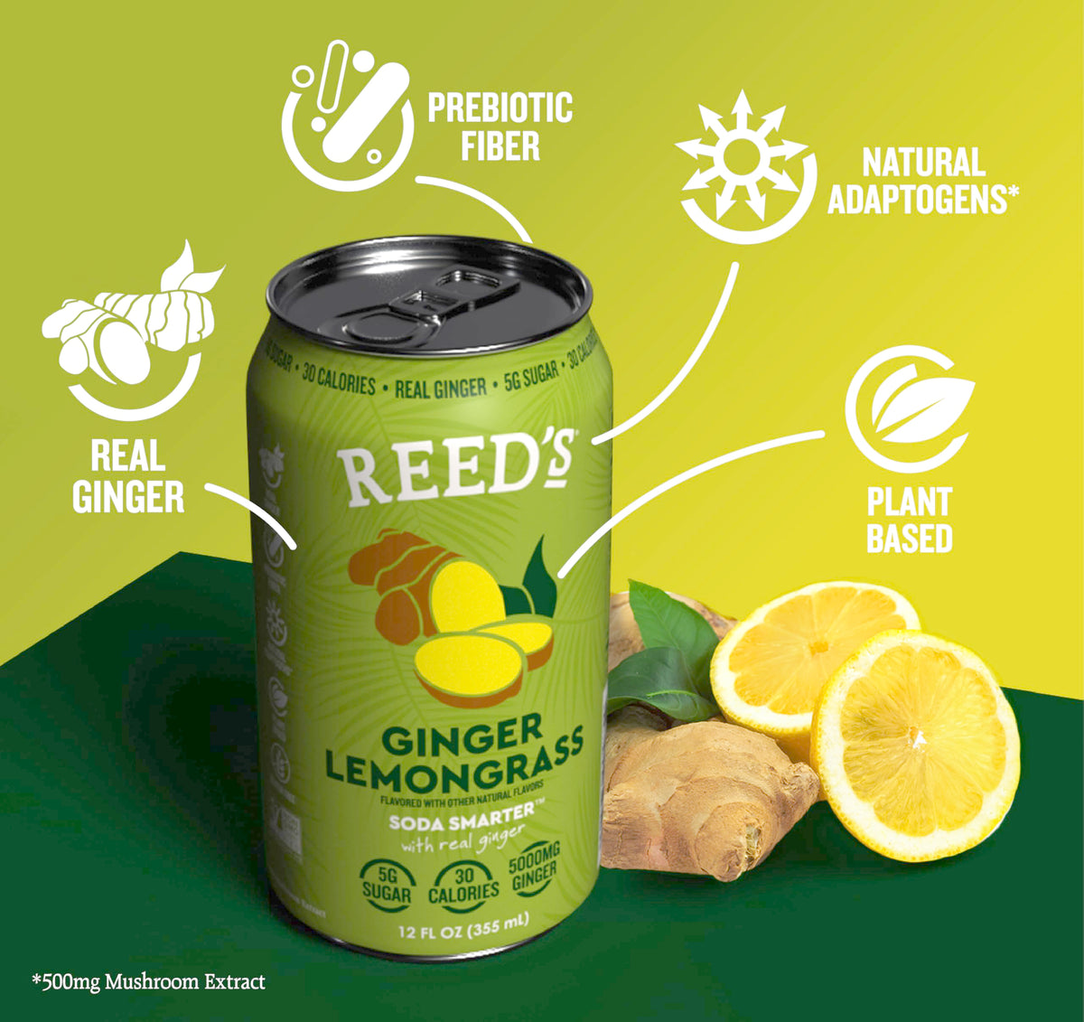 Reed's Ginger Lemongrass Functional Soda — Organic Ginger, Adaptogens & Prebiotics | 12oz Cans (12-Pack)
