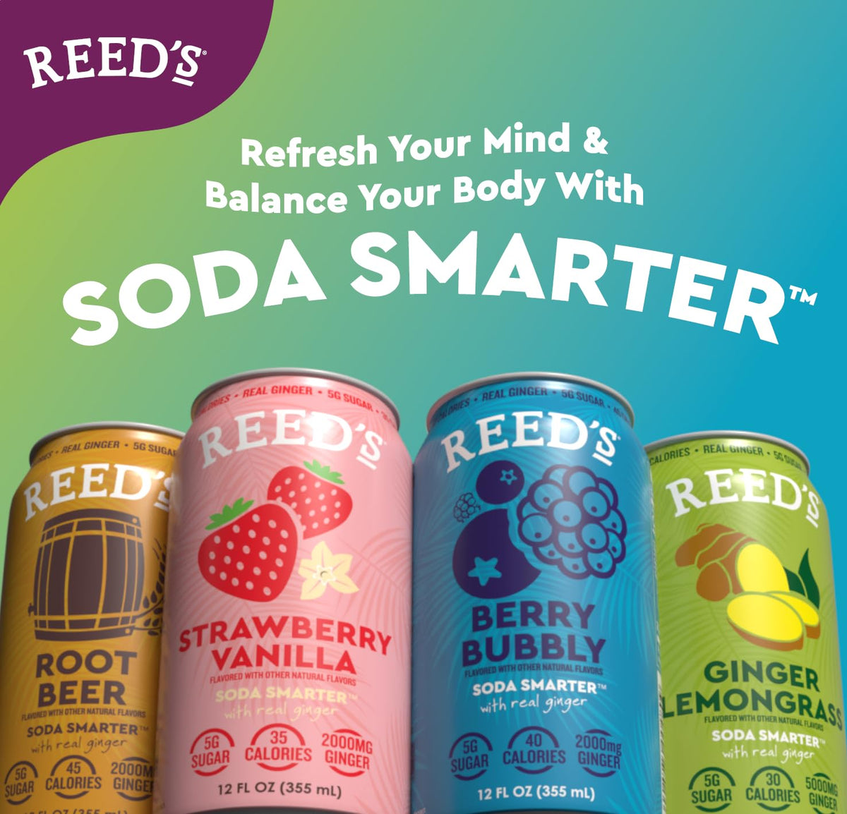 Reed's Ginger Lemongrass Functional Soda — Organic Ginger, Adaptogens & Prebiotics | 12oz Cans (12-Pack)
