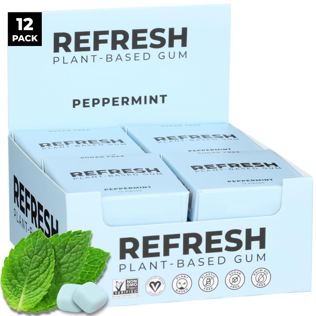 Refresh Gum Natural Xylitol Chewing Gum – Plastic Free, Organic, Vegan, Non-GMO, Gluten Free, Garden Mint, 12 Pack