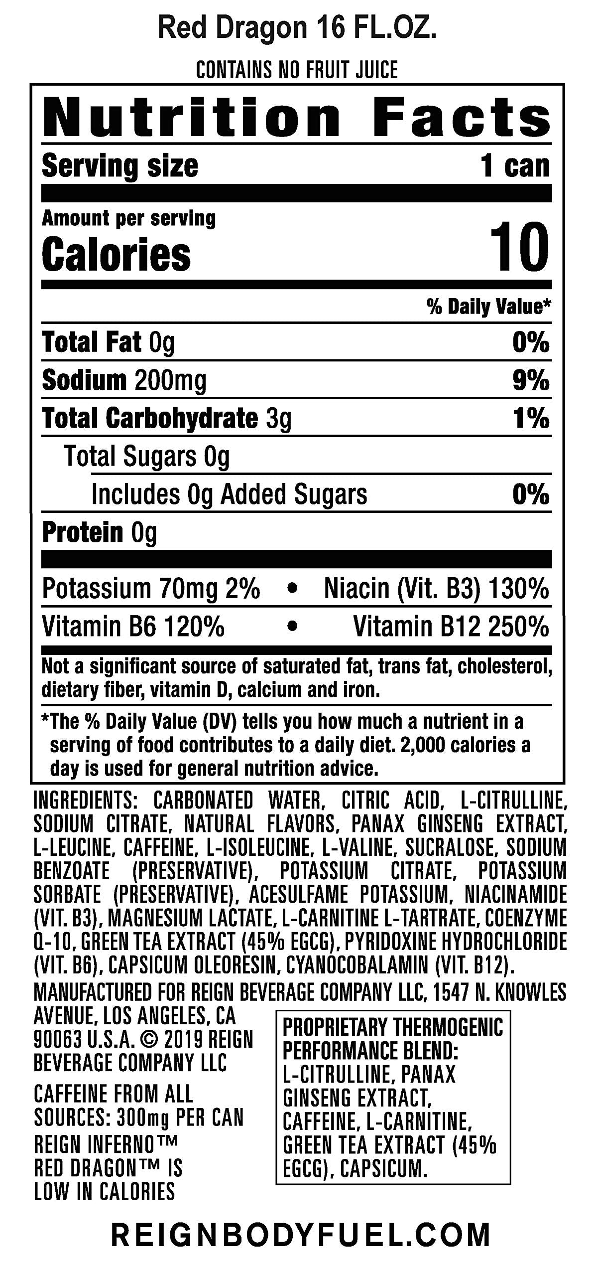 Reign Inferno Red Dragon Thermogenic Fuel – 300mg Caffeine, Zero Sugar, 16 Fl Oz (Pack of 12)