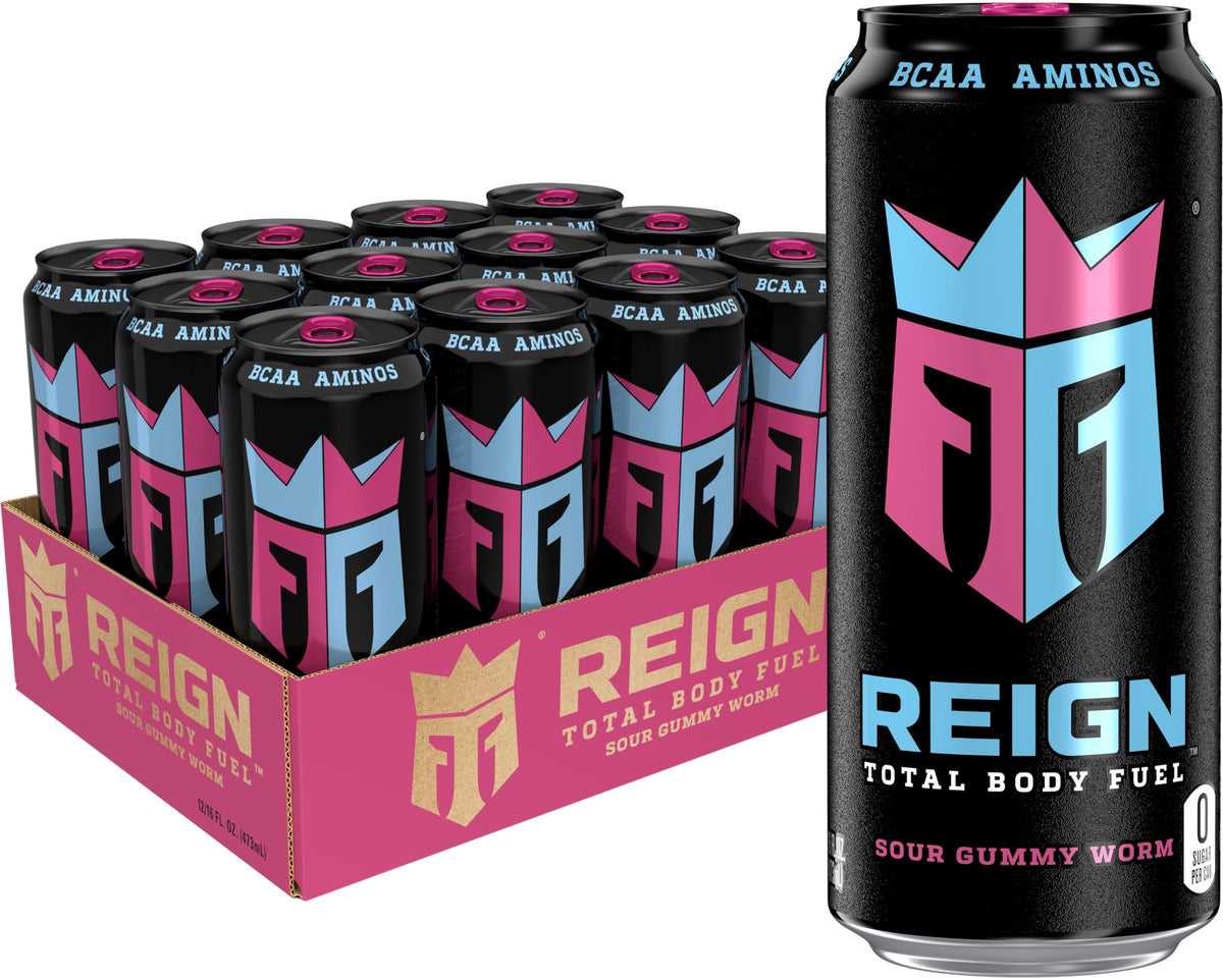 REIGN Sour Gummy Worm Total Body Fuel – 16 fl oz, Pack of 12 | Caffeine + BCAAs