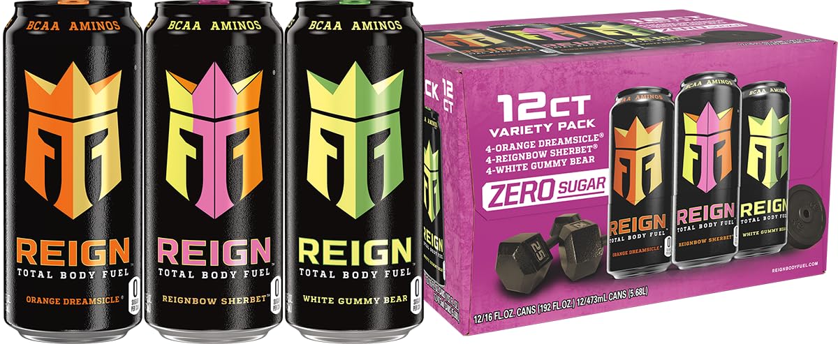 REIGN Total Body Fuel Variety Pack – 12x16oz (Orange Dreamsicle, Reignbow Sherbet, White Gummy Bear)