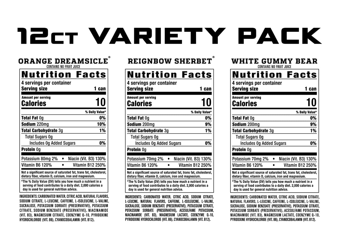 REIGN Total Body Fuel Variety Pack – 12x16oz (Orange Dreamsicle, Reignbow Sherbet, White Gummy Bear)