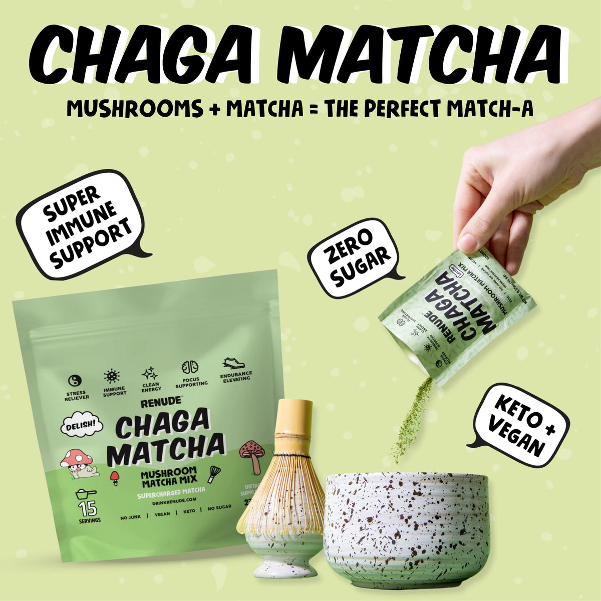 Renude Chaga Matcha - Ceremonial Matcha & Wild Chaga Powder for Energy & Adaptogens