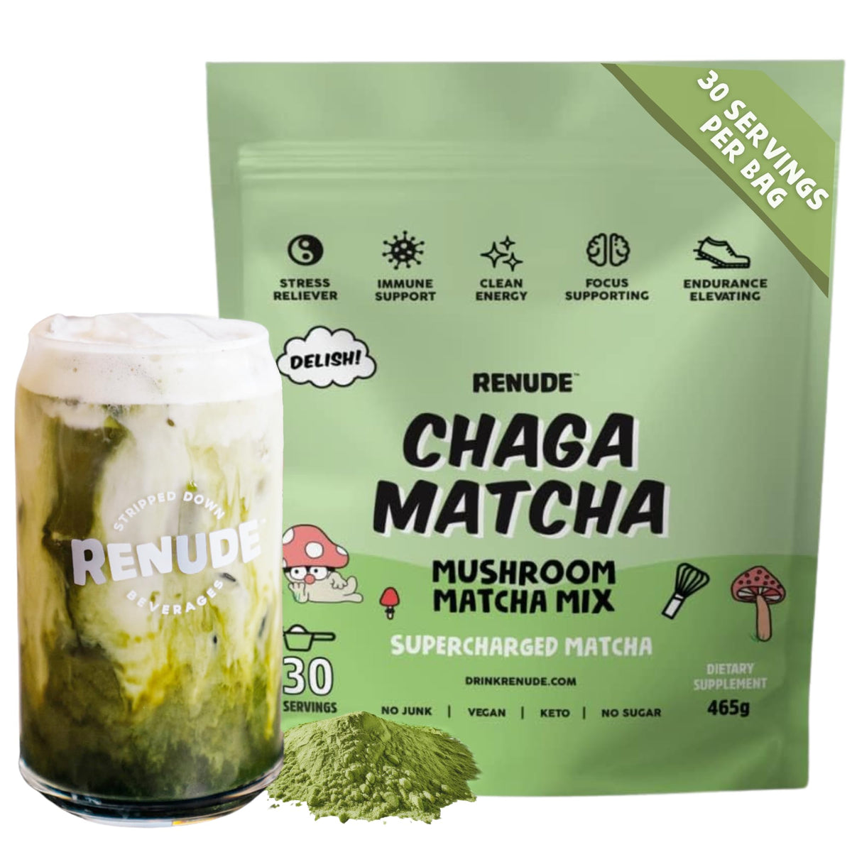 Renude Chaga Matcha - Ceremonial Matcha & Wild Chaga Powder for Energy & Adaptogens