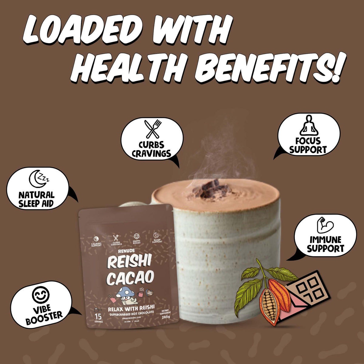 Renude Reishi Cacao Mushroom Hot Chocolate – Calming Magnesium Sleep Drink, 30 Servings