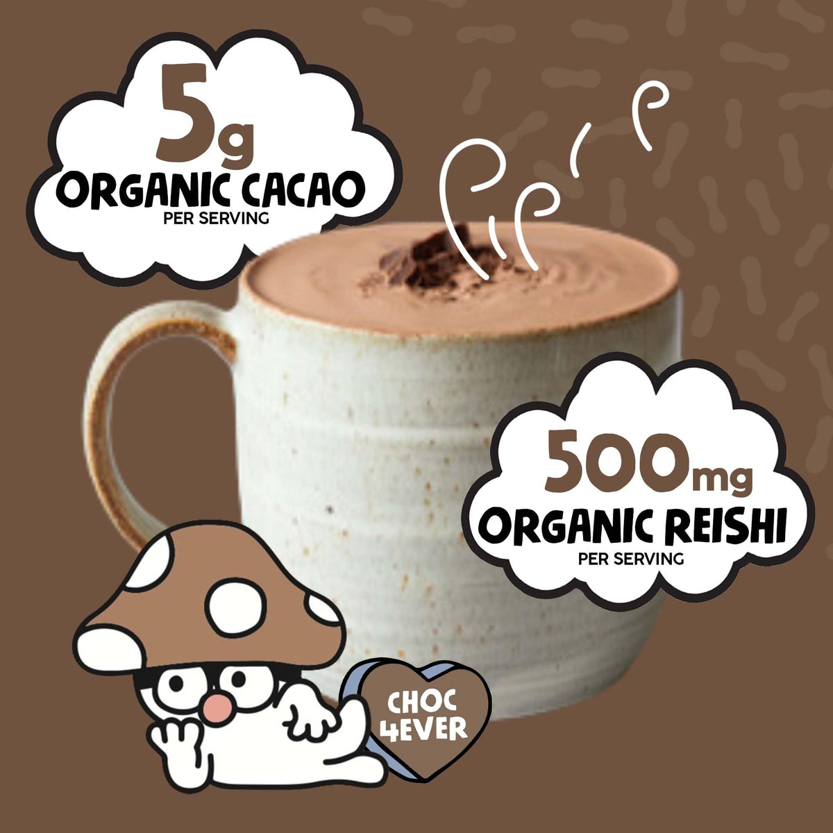 Renude Reishi Cacao Mushroom Hot Chocolate – Calming Magnesium Sleep Drink, 30 Servings