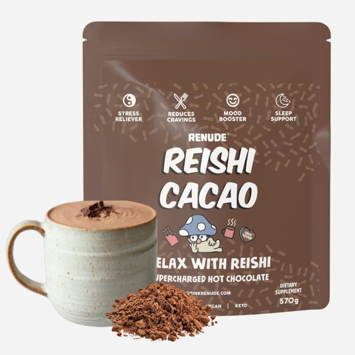 Renude Reishi Cacao Mushroom Hot Chocolate – Calming Magnesium Sleep Drink, 30 Servings