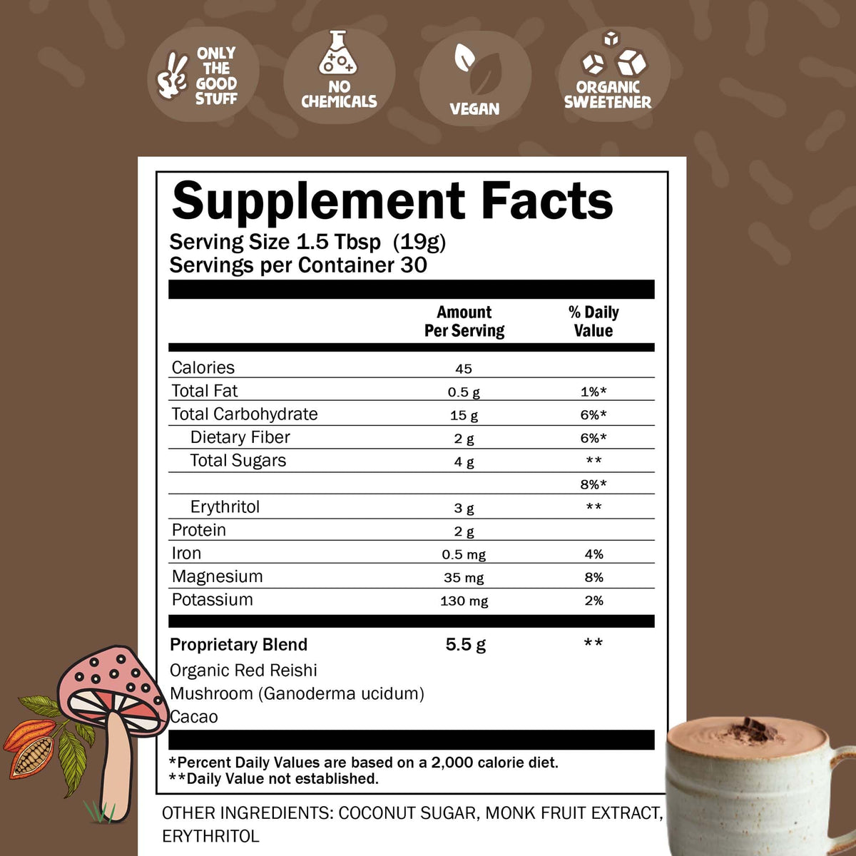 Renude Reishi Cacao Mushroom Hot Chocolate – Calming Magnesium Sleep Drink, 30 Servings