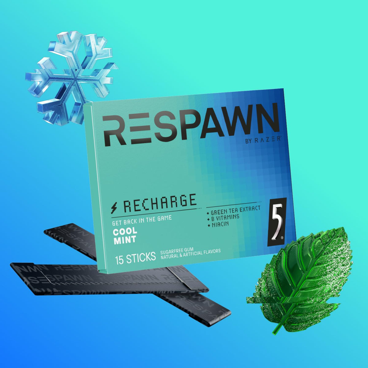 RESPAWN by RAZER Energy & Focus Gum – Cool Mint, Sugar-Free, 10 Pack Bulk