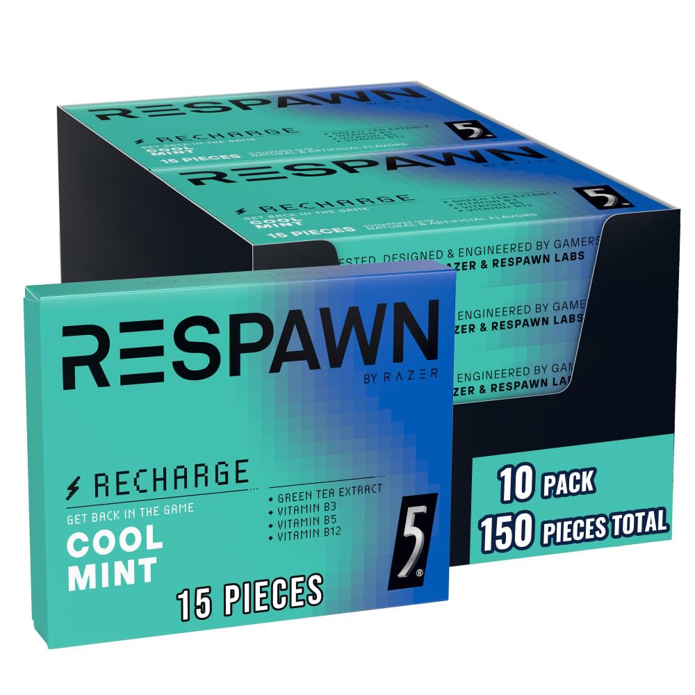 RESPAWN by RAZER Energy & Focus Gum – Cool Mint, Sugar-Free, 10 Pack Bulk