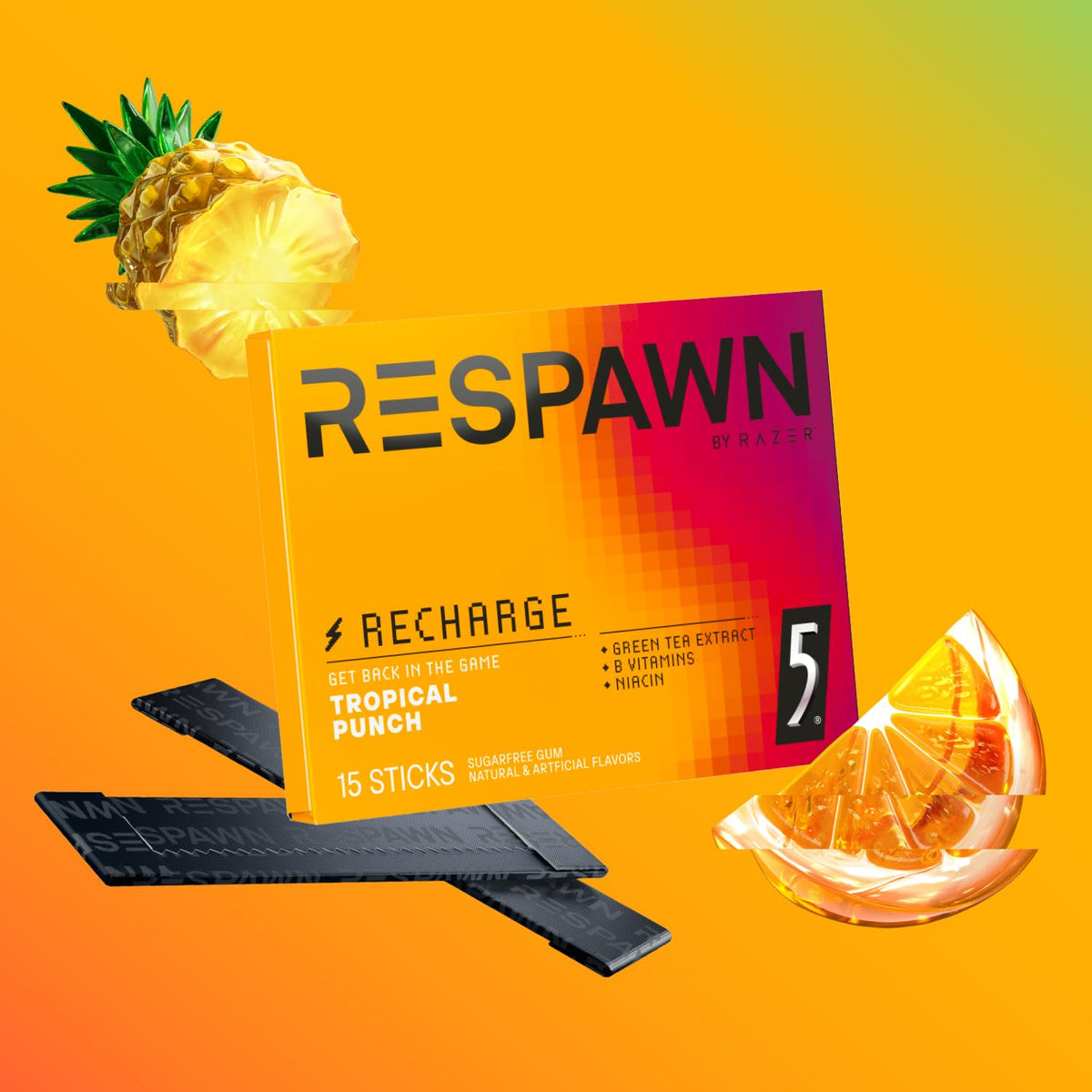 RESPAWN by RAZER Tropical Punch Gum — Sugar-Free Neuro Energy & Focus, 15 Count, Bulk Box