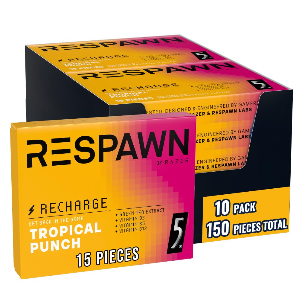 RESPAWN by RAZER Tropical Punch Gum — Sugar-Free Neuro Energy & Focus, 15 Count, Bulk Box