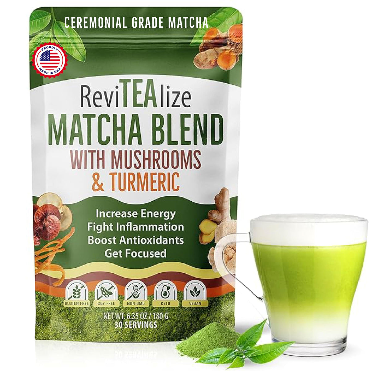 Revitealize Matcha Mushroom Powder Latte Blend – Organic Ceremonial Grade Matcha, 30 Servings
