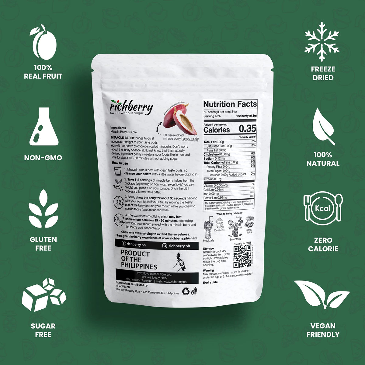 Richberry Miracle Berry – 50 Freeze-Dried Halves | Naturally Sweetens Sour Foods