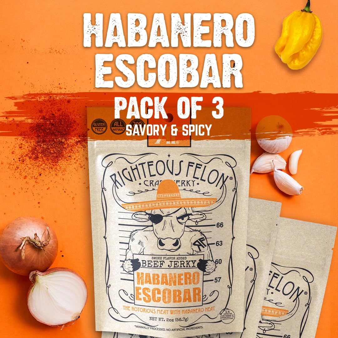 Righteous Felon Beef Jerky - Habanero Escobar | All-Natural, High-Protein Snack (3x2oz)