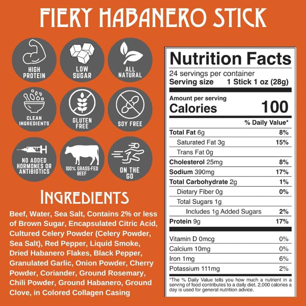 Righteous Felon Fiery Habanero Meat Sticks – 100% Grass-Fed Beef, 9g Protein per Stick, Keto & Gluten-Free (10 Count)