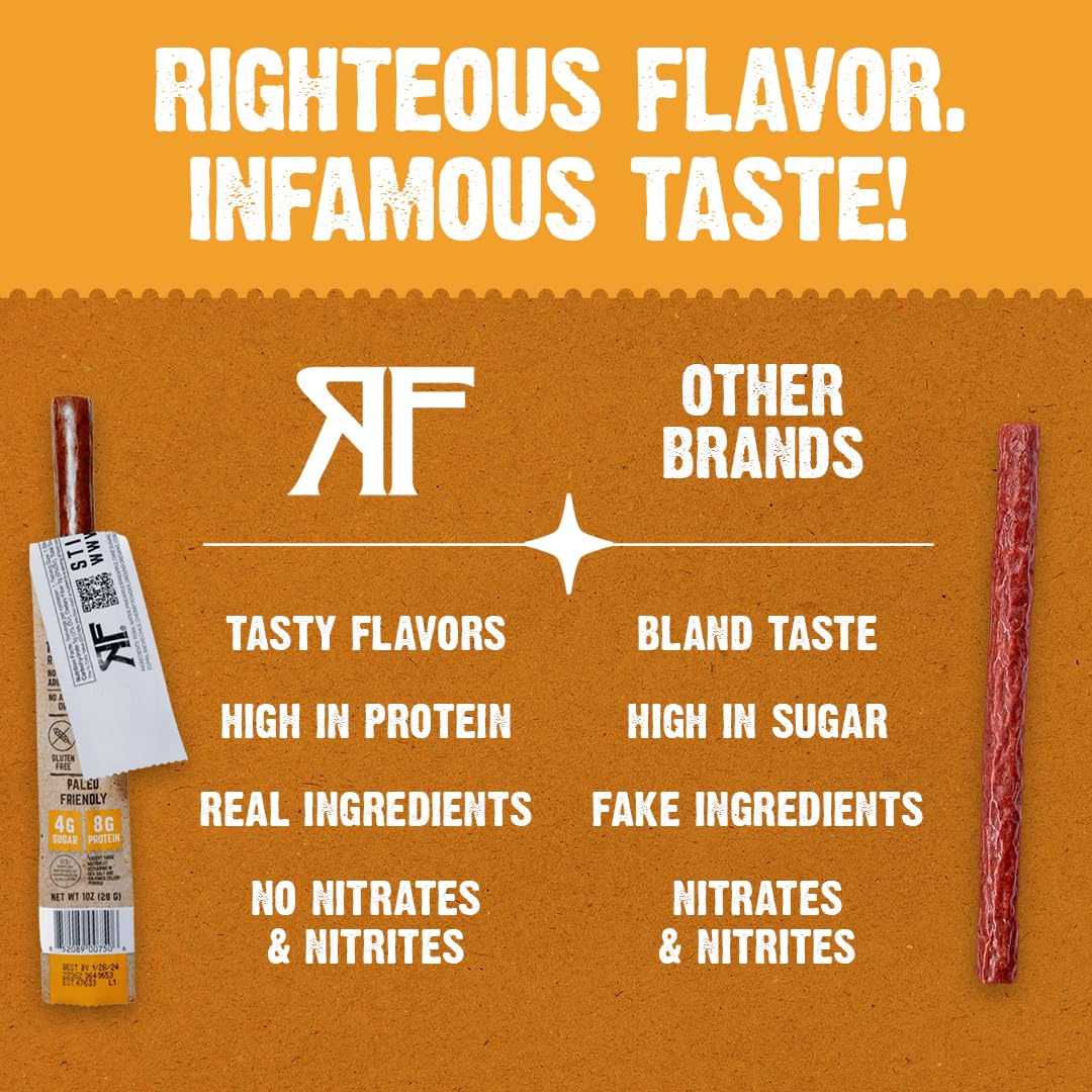 Righteous Felon Meat Sticks — 100% Pasture Raised Pork, 8g Protein per Stick, Keto Gluten-Free Low Sugar | Street Taco Pork Sticks 10 Count