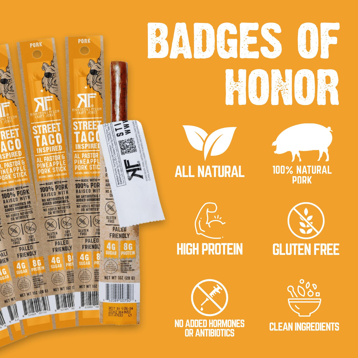 Righteous Felon Meat Sticks — 100% Pasture Raised Pork, 8g Protein per Stick, Keto Gluten-Free Low Sugar | Street Taco Pork Sticks 10 Count