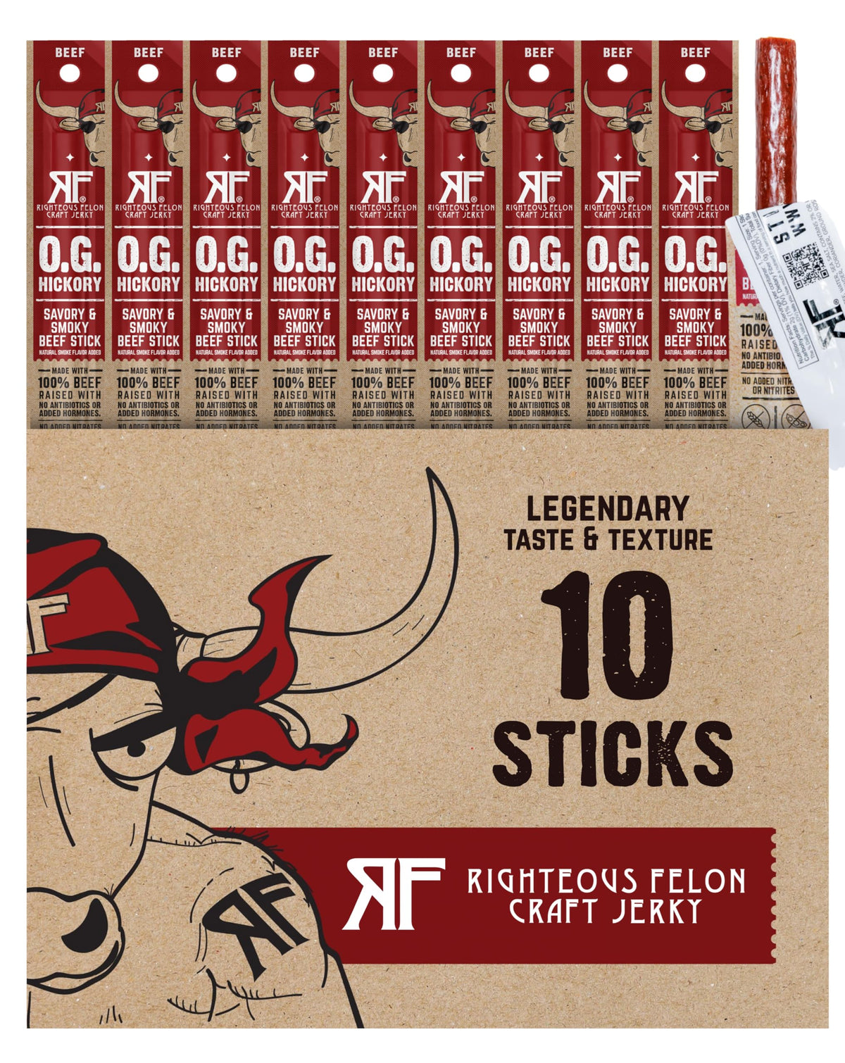 Righteous Felon Meat Sticks – 9g Protein/Stick, 100% Grass-Fed Beef, Keto & Gluten-Free, OG Hickory