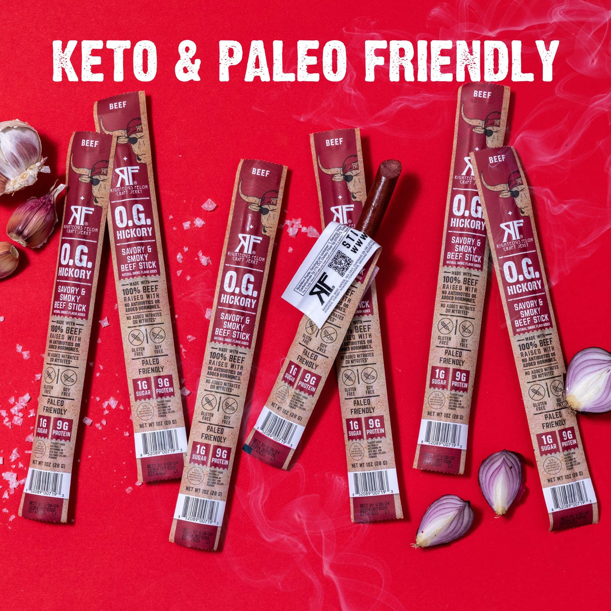 Righteous Felon Meat Sticks – 9g Protein/Stick, 100% Grass-Fed Beef, Keto & Gluten-Free, OG Hickory