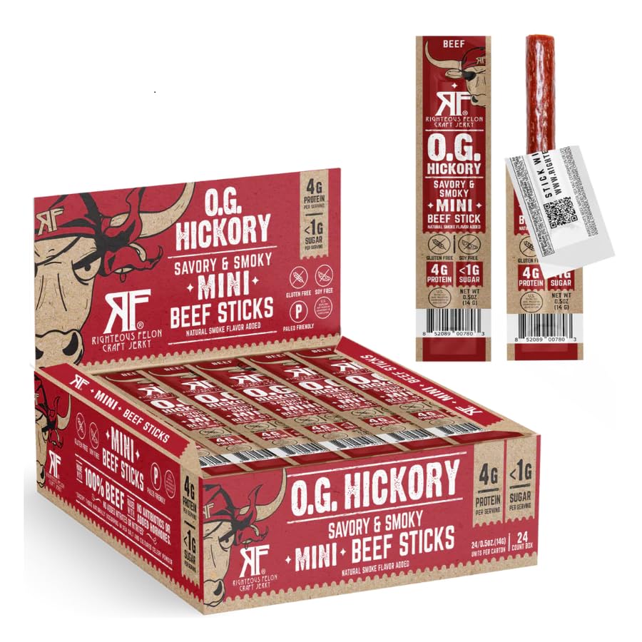 Righteous Felon Mini Meat Sticks – OG Hickory, 24 Count | 100% Grass-Fed Beef, Keto, Gluten-Free
