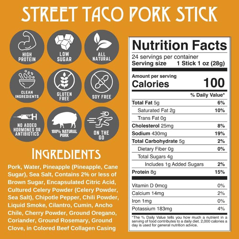 Righteous Felon Meat Sticks — 100% Pasture Raised Pork, 8g Protein per Stick, Keto Gluten-Free Low Sugar | Street Taco Pork Sticks 10 Count