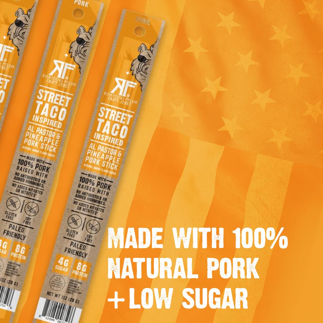 Righteous Felon Meat Sticks — 100% Pasture Raised Pork, 8g Protein per Stick, Keto Gluten-Free Low Sugar | Street Taco Pork Sticks 10 Count