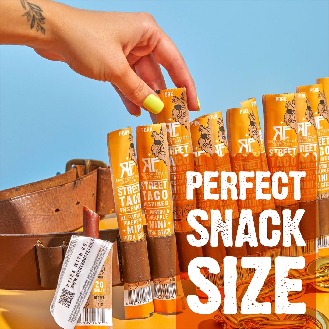 Righteous Felon Mini Meat Sticks – 100% Pork, Street Taco Flavor | Keto, Gluten Free, Low Sugar, High Protein, 24 Count
