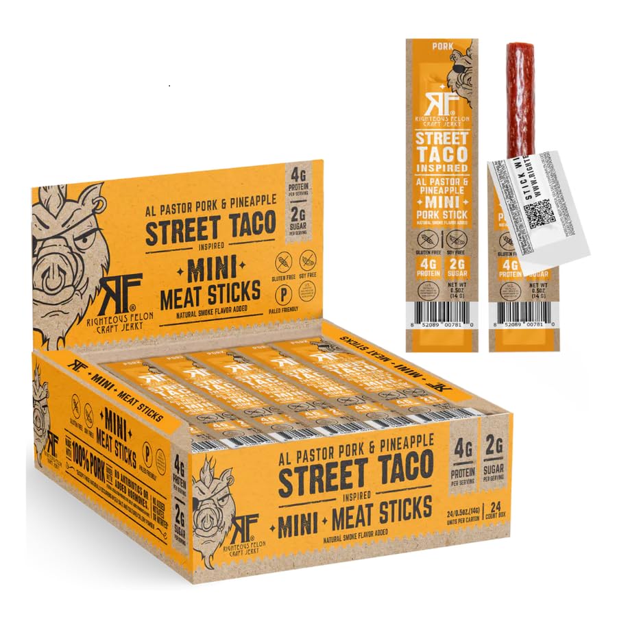 Righteous Felon Mini Meat Sticks – 100% Pork, Street Taco Flavor | Keto, Gluten Free, Low Sugar, High Protein, 24 Count