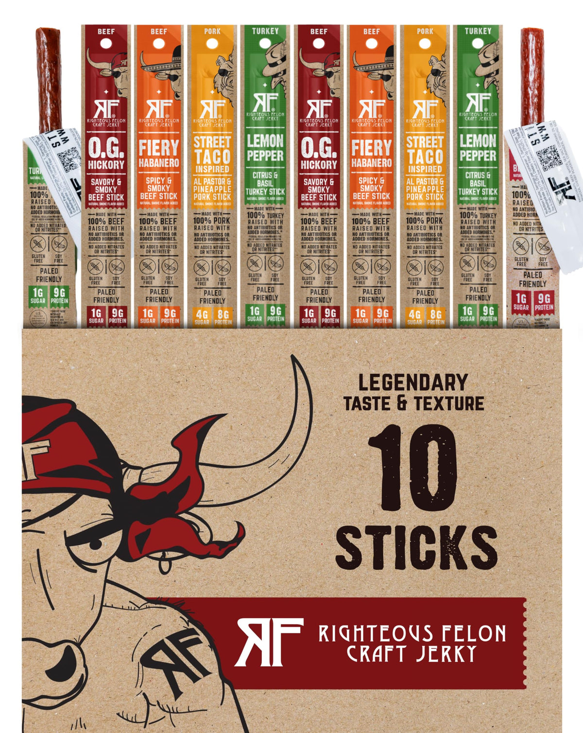 Righteous Felon Variety Meat Sticks | 100% Grass-Fed Beef, Turkey & Pork | 10-Count High-Protein Snack Pack