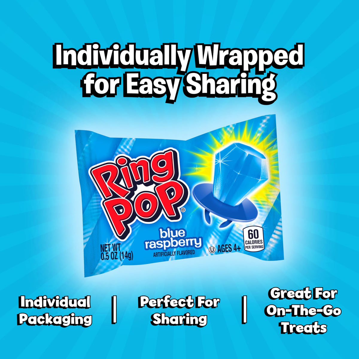 Ring Pop Colorfest Blue Raspberry Lollipops – 70 Count Bulk Wearable Candy Gems